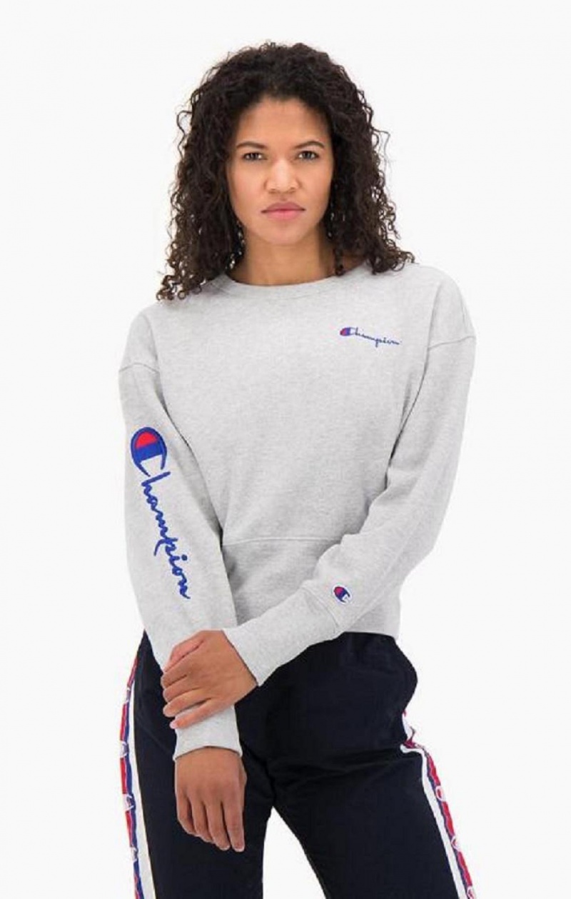 Champion Script Logo High Rib Reverse Weave Sweatshirt Gensere Dame Lyse Grå | 6193-NBAVD