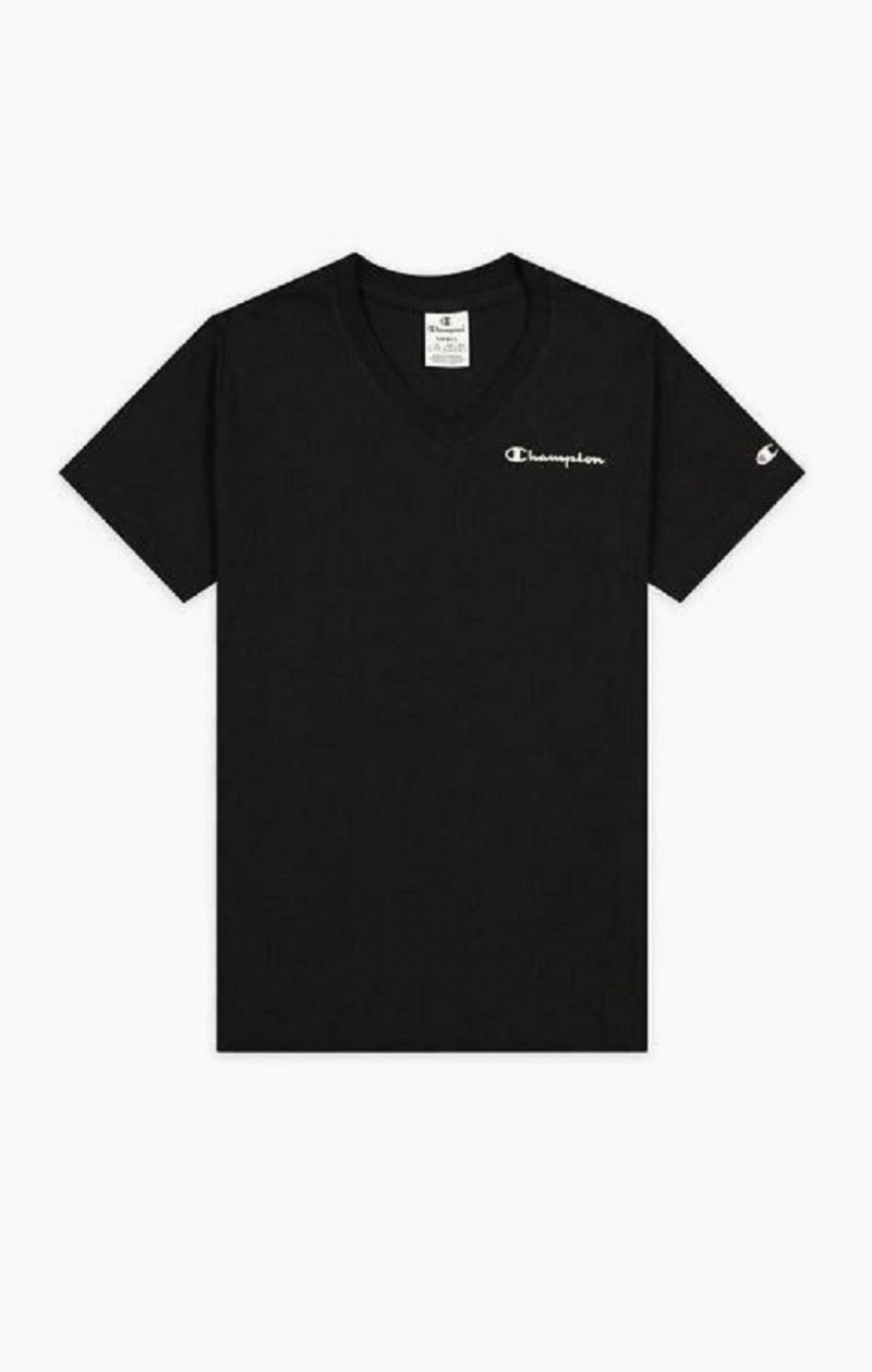 Champion Script Logo Jersey V-Neck T-Shirt T-skjorte Dame Svarte | 3402-AVQZE