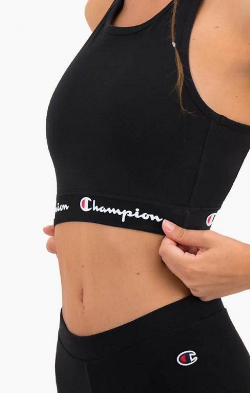 Champion Script Logo Liv Racer Back Sports Bra Sports BH Dame Svarte | 1706-VUCHG