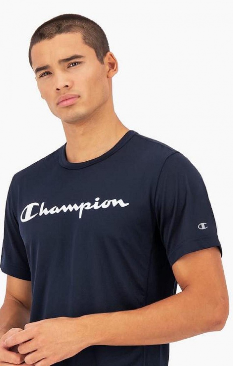 Champion Script Logo Mesh T-Shirt T-skjorte Herre Mørke Blå | 1695-CFIHT