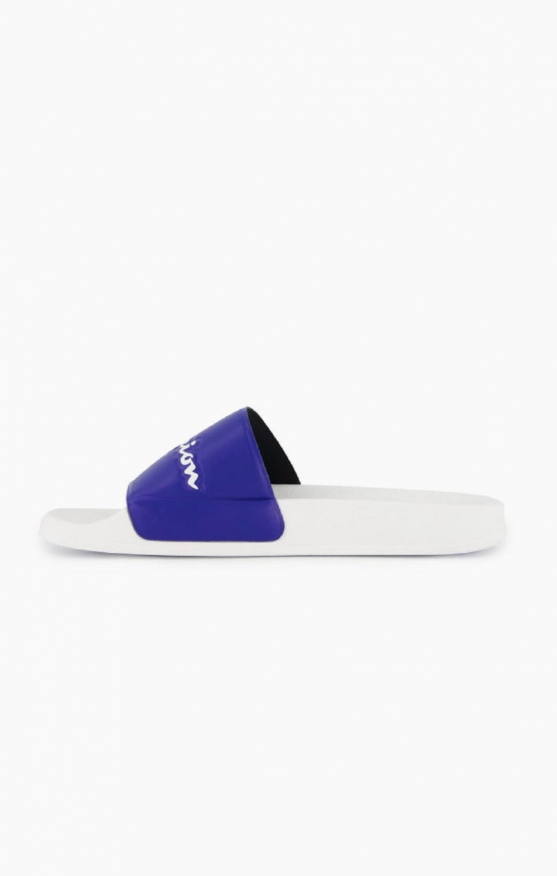 Champion Script Logo Pool Slides Badesandaler Herre Hvite Blå | 6092-VNYCP