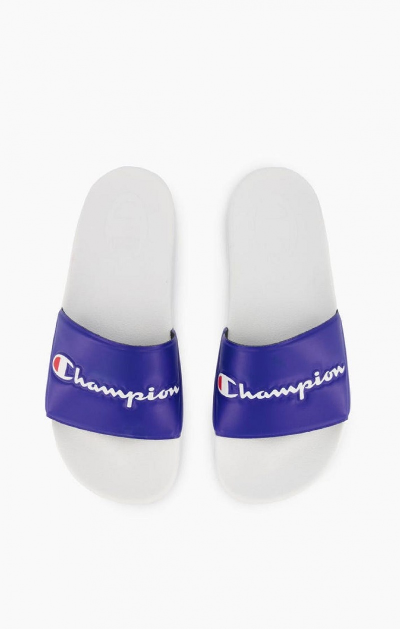 Champion Script Logo Pool Slides Badesandaler Herre Hvite Blå | 6092-VNYCP