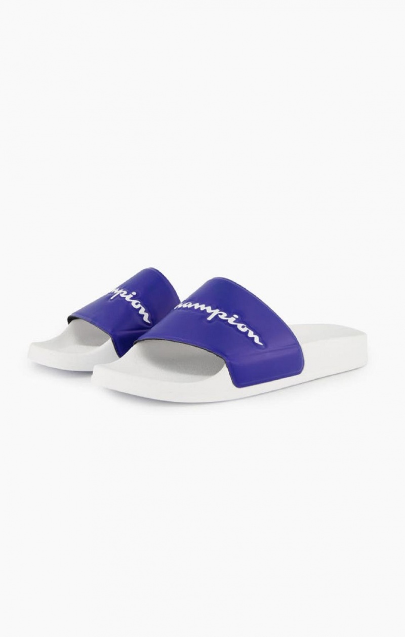 Champion Script Logo Pool Slides Badesandaler Herre Hvite Blå | 6092-VNYCP