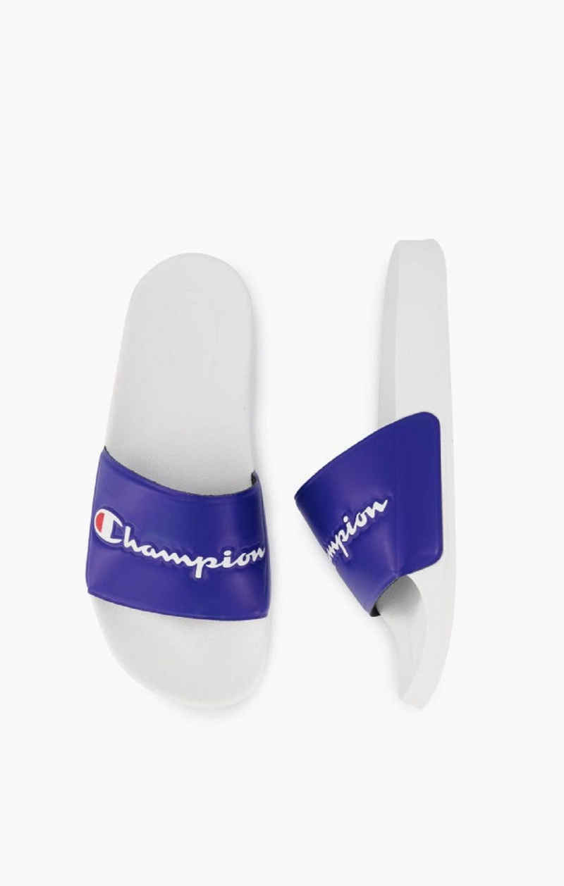 Champion Script Logo Pool Slides Badesandaler Herre Hvite Blå | 6092-VNYCP