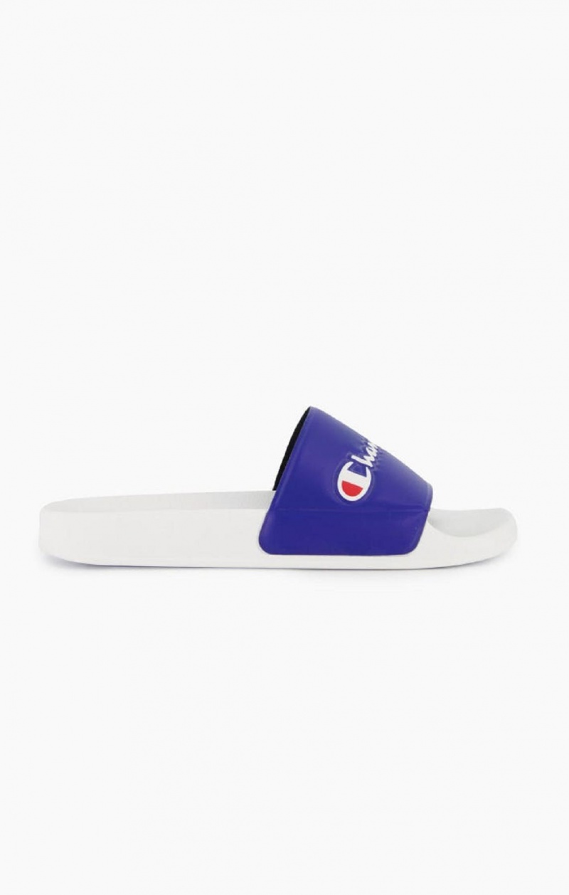 Champion Script Logo Pool Slides Badesandaler Herre Hvite Blå | 6092-VNYCP