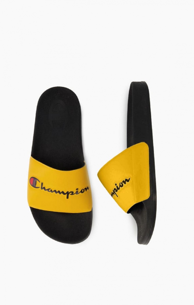 Champion Script Logo Pool Slides Badesandaler Herre Gul Svarte | 5730-ZMQBD