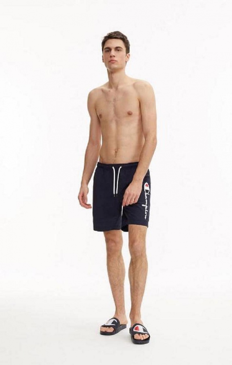 Champion Script Logo Print Board Shorts Badetøy Herre Mørke Blå | 3740-VFJUL