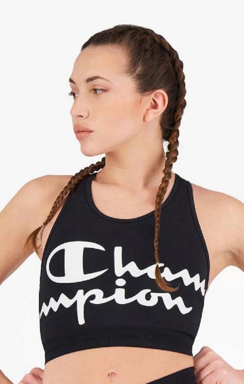 Champion Script Logo Print Racer Back Sports Bra Sports BH Dame Svarte | 3051-ZICTJ