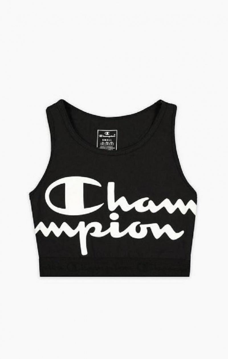 Champion Script Logo Print Racer Back Sports Bra Sports BH Dame Svarte | 3051-ZICTJ