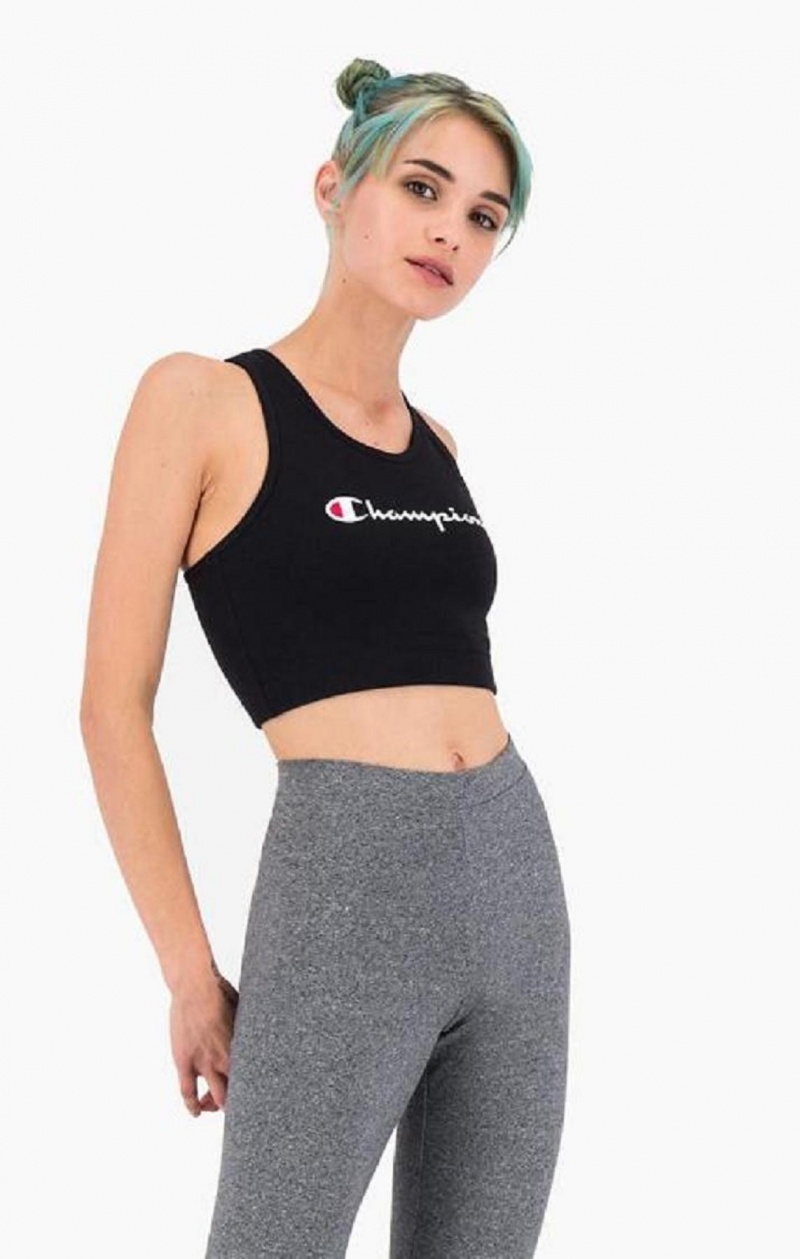 Champion Script Logo Racer Back Sports Bra Sports BH Dame Svarte | 5846-NXHVD