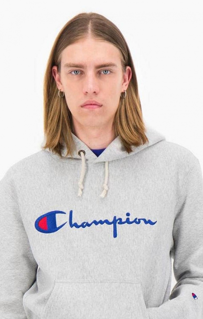 Champion Script Logo Reverse Weave Hoodie Hettegenser Herre Lyse Grå | 5287-YJZKI