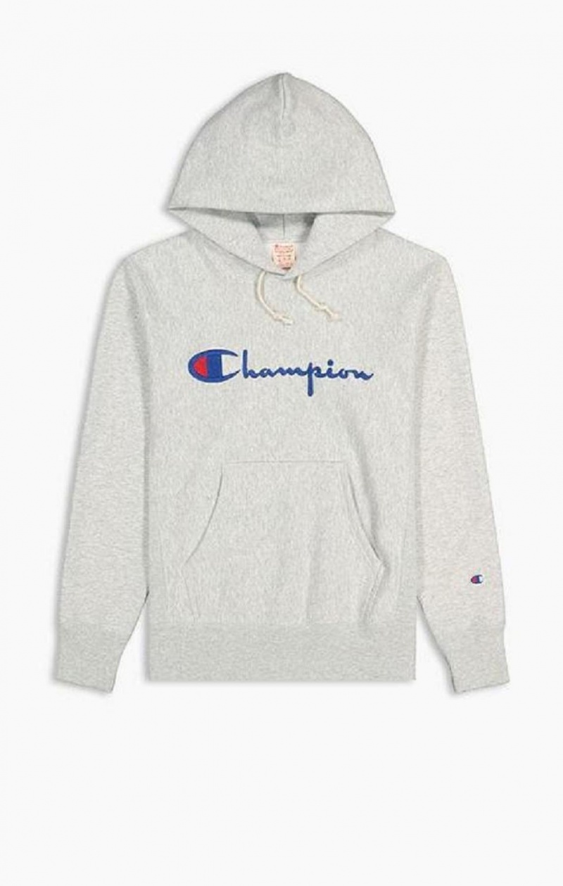 Champion Script Logo Reverse Weave Hoodie Hettegenser Herre Lyse Grå | 5287-YJZKI