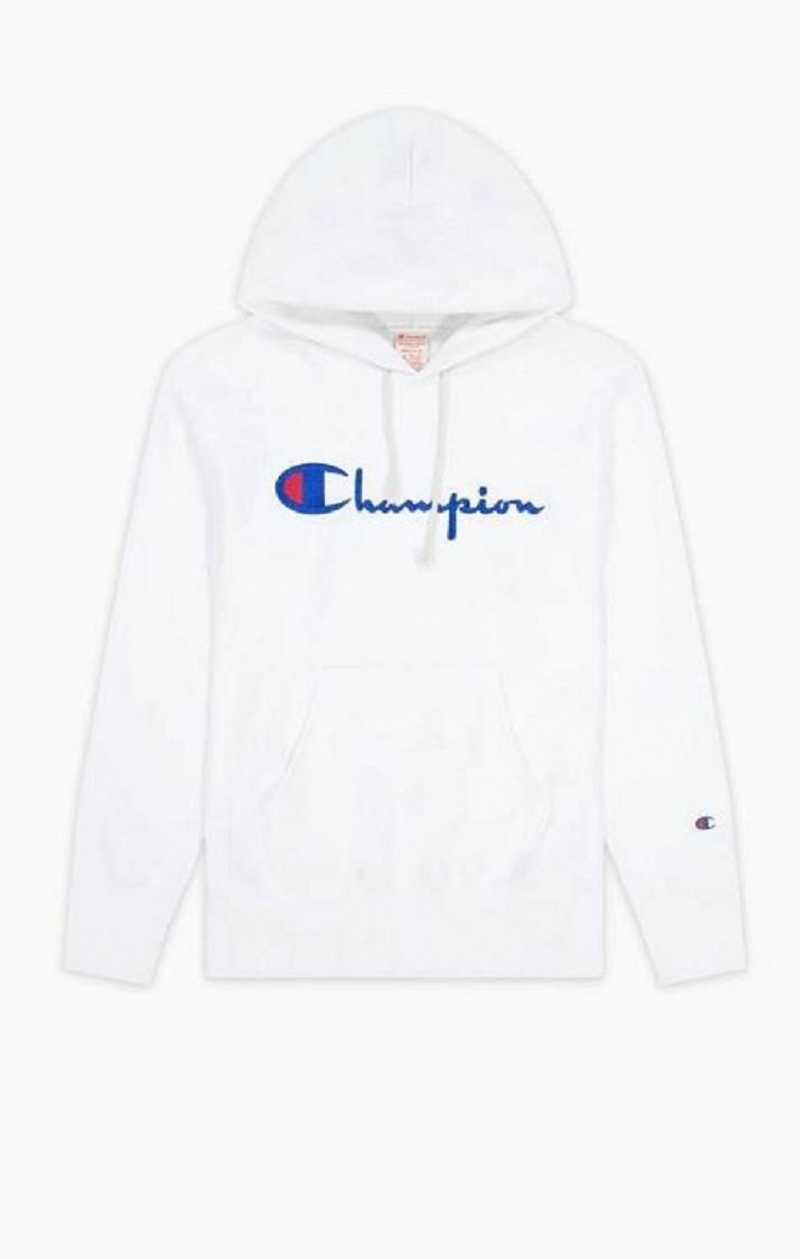 Champion Script Logo Reverse Weave Hoodie Hettegenser Herre Hvite | 7904-KBQIU