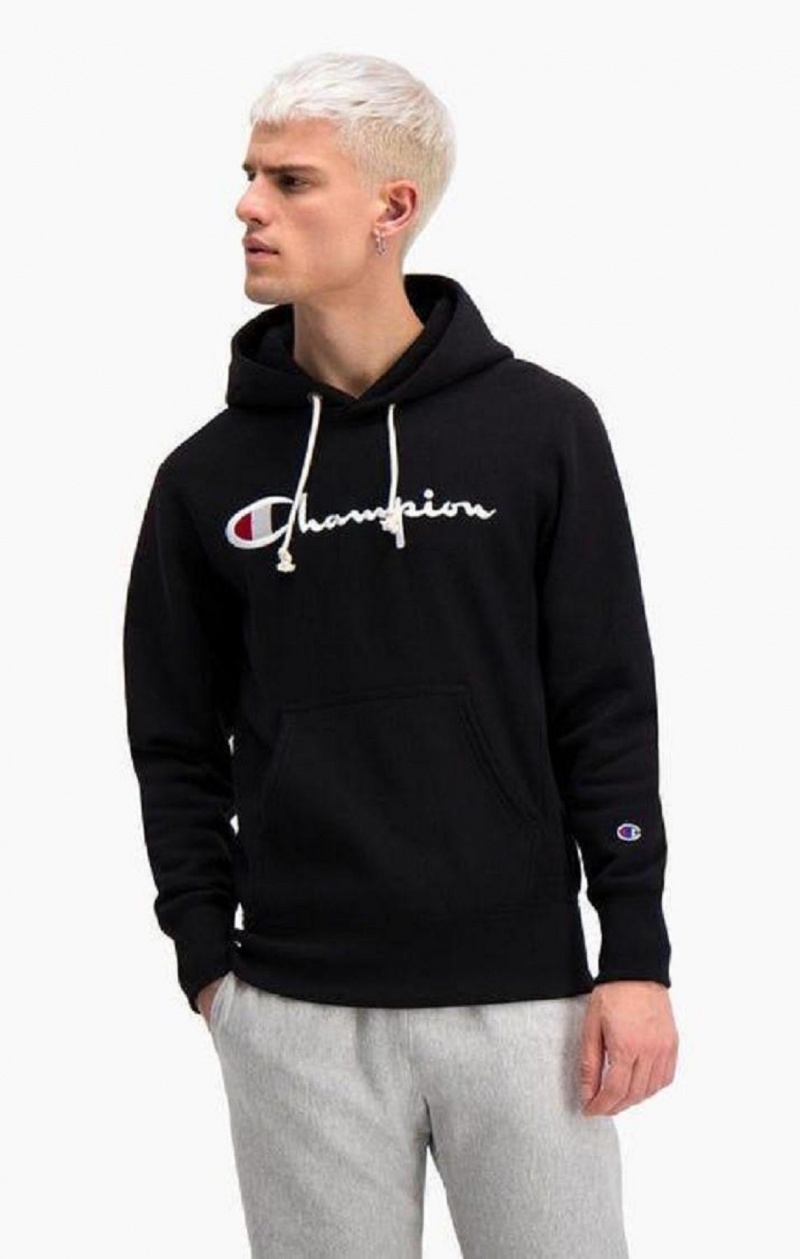 Champion Script Logo Reverse Weave Hoodie Hettegenser Herre Svarte | 0381-FZJKA