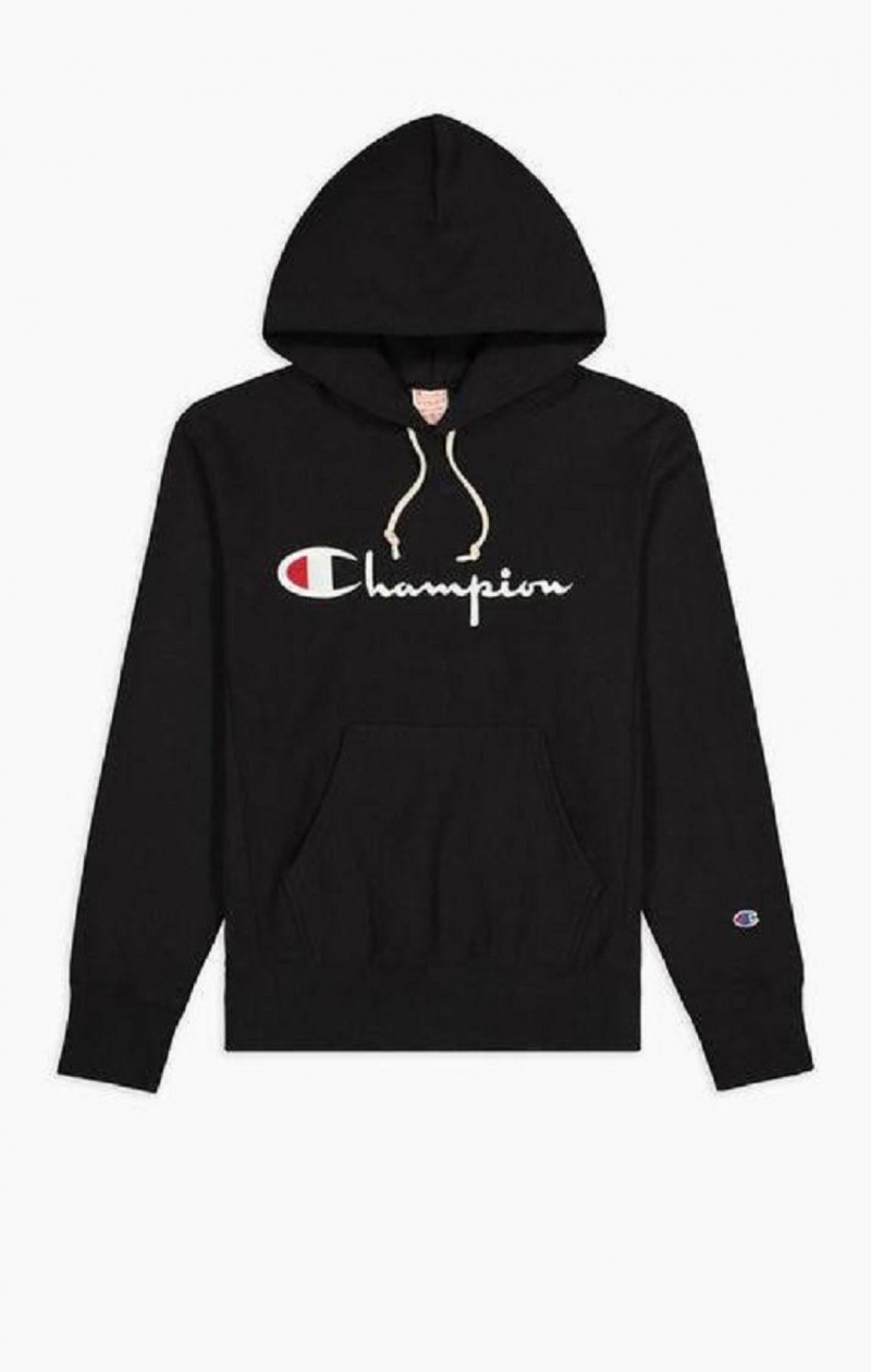 Champion Script Logo Reverse Weave Hoodie Hettegenser Herre Svarte | 0381-FZJKA