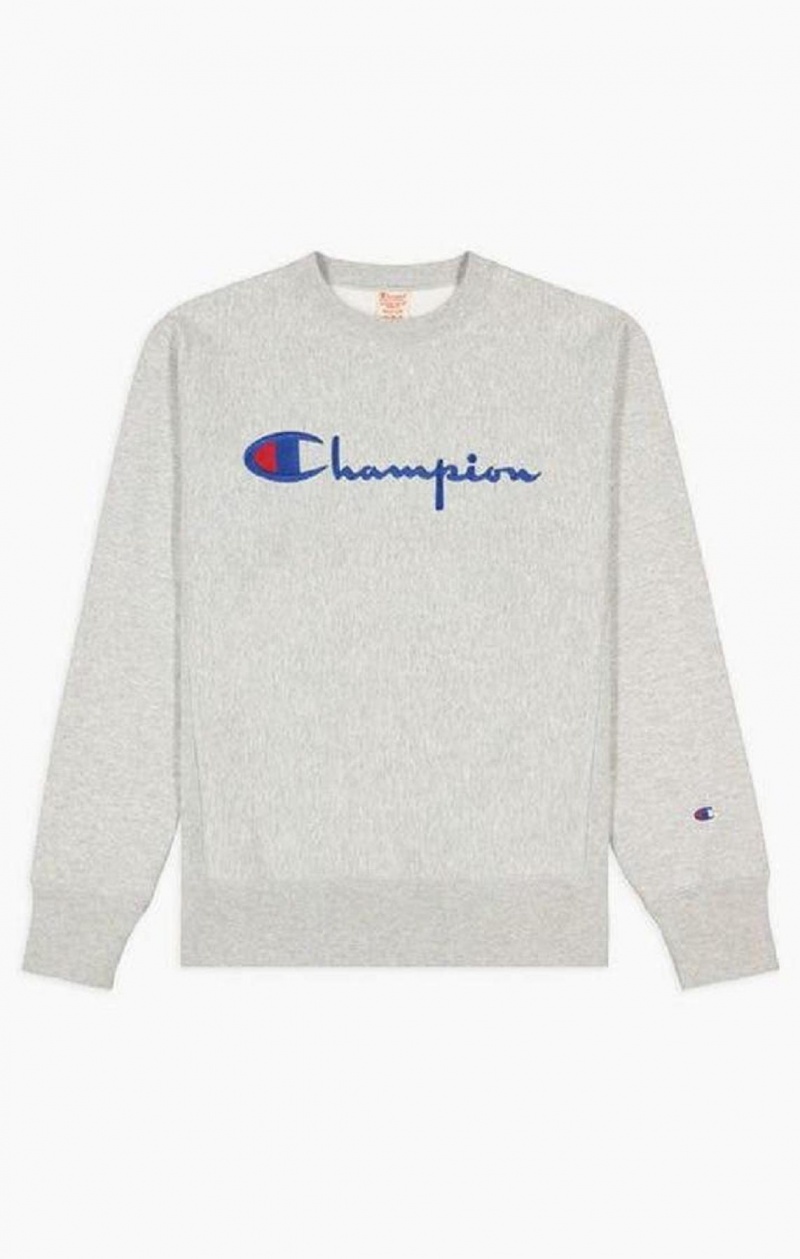 Champion Script Logo Reverse Weave Sweatshirt Gensere Herre Lyse Grå | 9471-URHYF