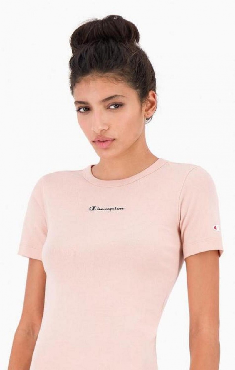 Champion Script Logo Ribbet Bomull T-Shirt T-skjorte Dame Rosa | 3029-JDPVG