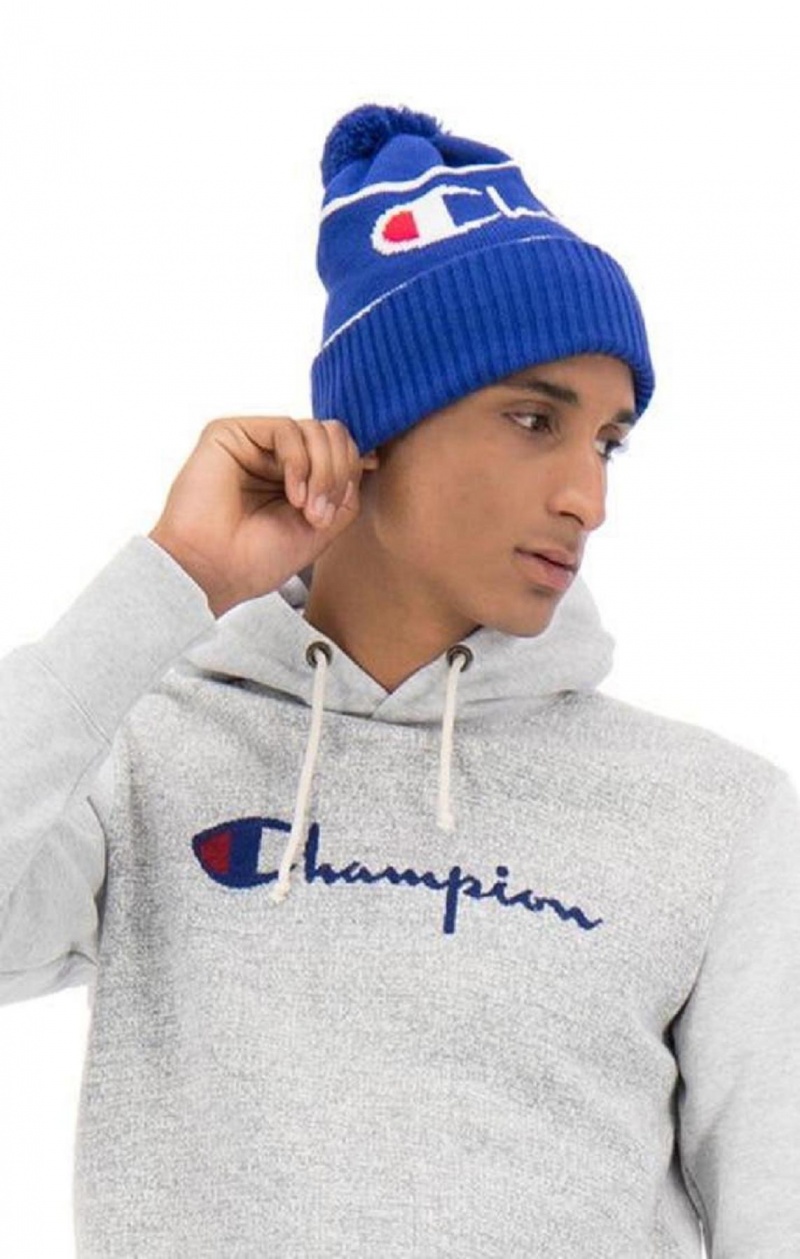 Champion Script Logo Stripe Bobble Beanie Hat Hatt Herre Blå | 0185-TLPKD