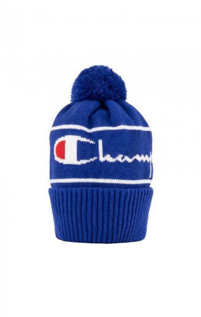 Champion Script Logo Stripe Bobble Beanie Hat Hatt Herre Blå | 0185-TLPKD