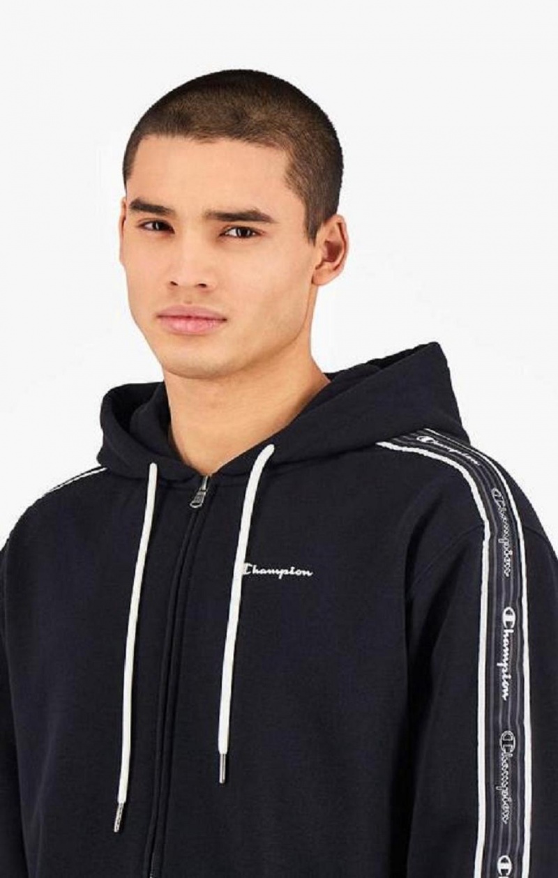 Champion Script Logo Tape Zip-Through Hoodie Hettegenser Herre Svarte | 3867-HQSXB