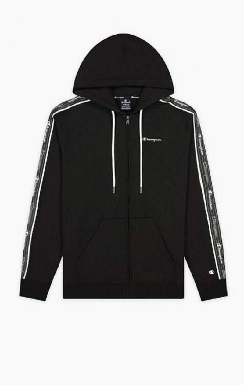 Champion Script Logo Tape Zip-Through Hoodie Hettegenser Herre Svarte | 3867-HQSXB