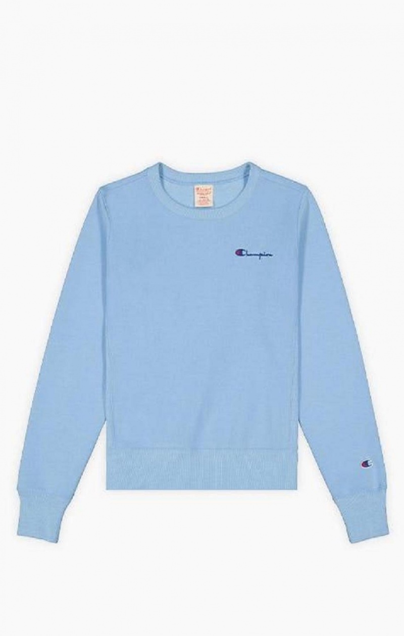 Champion Small Script Logo Reverse Weave Sweatshirt Gensere Dame Lyse Blå | 9574-OPFQS