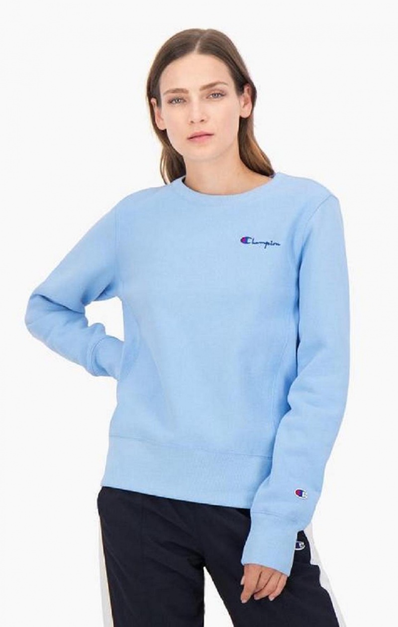 Champion Small Script Logo Reverse Weave Sweatshirt Gensere Dame Lyse Blå | 9574-OPFQS