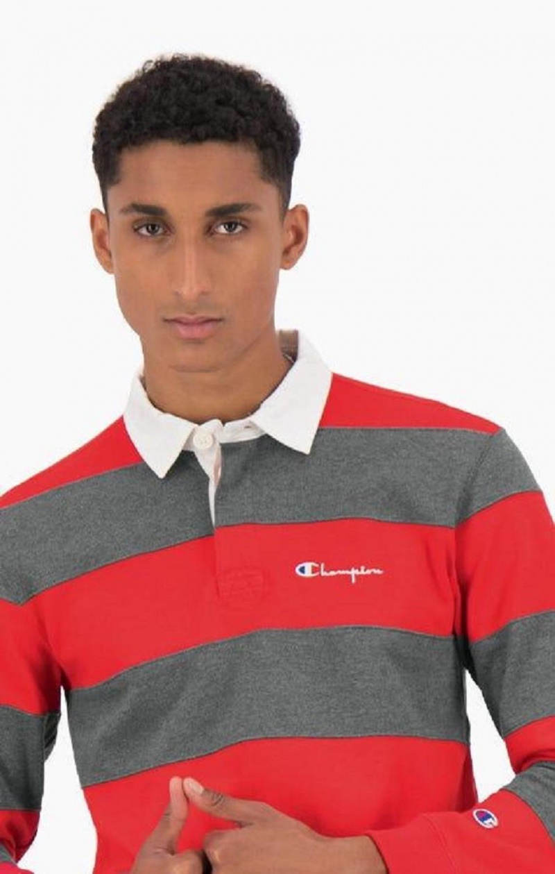 Champion Stripe Bomull Jersey Polo Shirt T-skjorte Herre Rød | 4325-TOXJQ