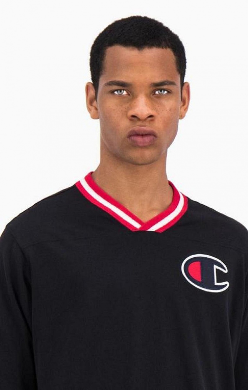 Champion Stripe Collar V Neck T-Shirt T-skjorte Herre Svarte | 8379-LHBTD