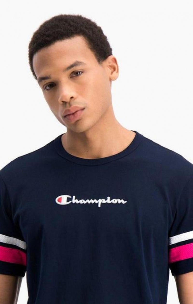 Champion Stripe Detail Script Logo T-Shirt T-skjorte Herre Blå | 1256-HYJTL