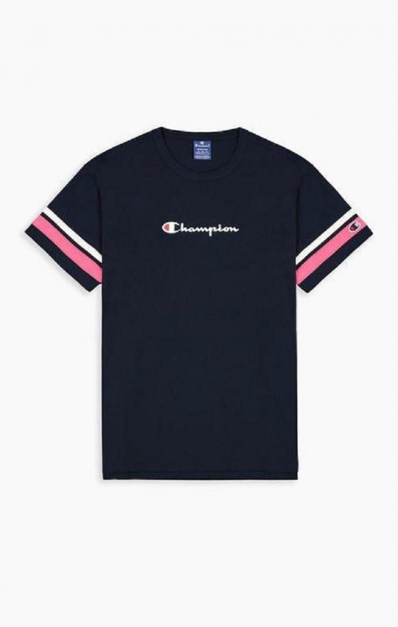 Champion Stripe Detail Script Logo T-Shirt T-skjorte Herre Blå | 1256-HYJTL