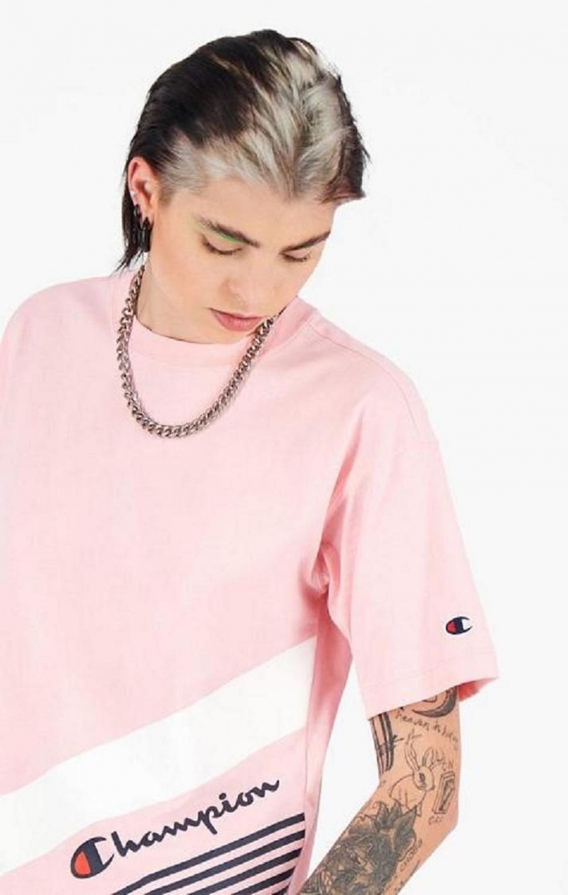 Champion Stripe Detail Script Logo T-Shirt T-skjorte Dame Rosa | 7631-GYEOF