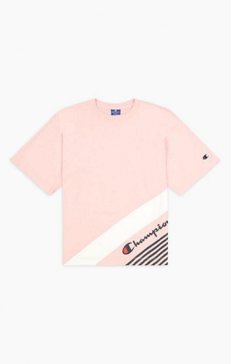 Champion Stripe Detail Script Logo T-Shirt T-skjorte Dame Rosa | 7631-GYEOF