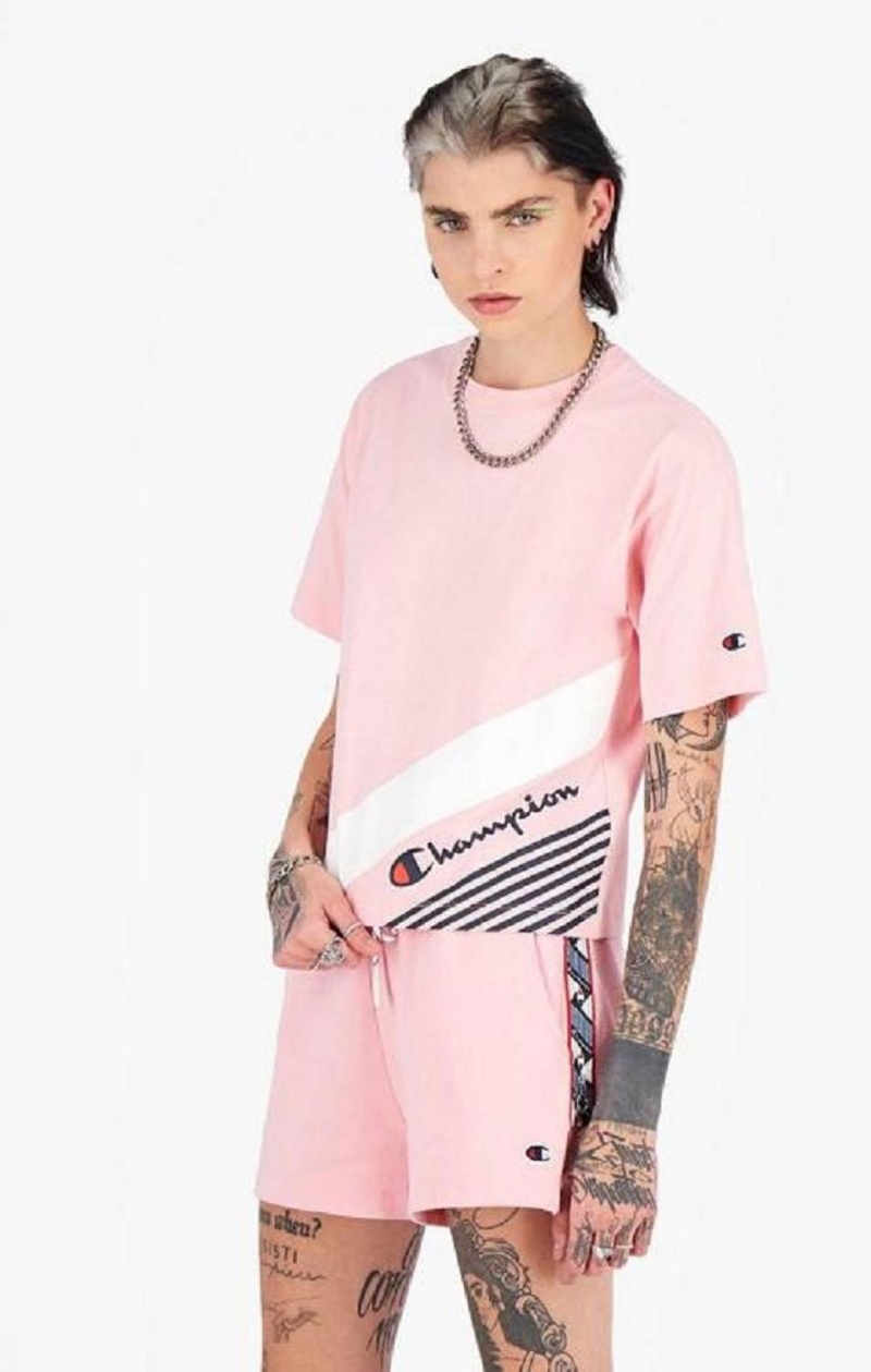 Champion Stripe Detail Script Logo T-Shirt T-skjorte Dame Rosa | 7631-GYEOF