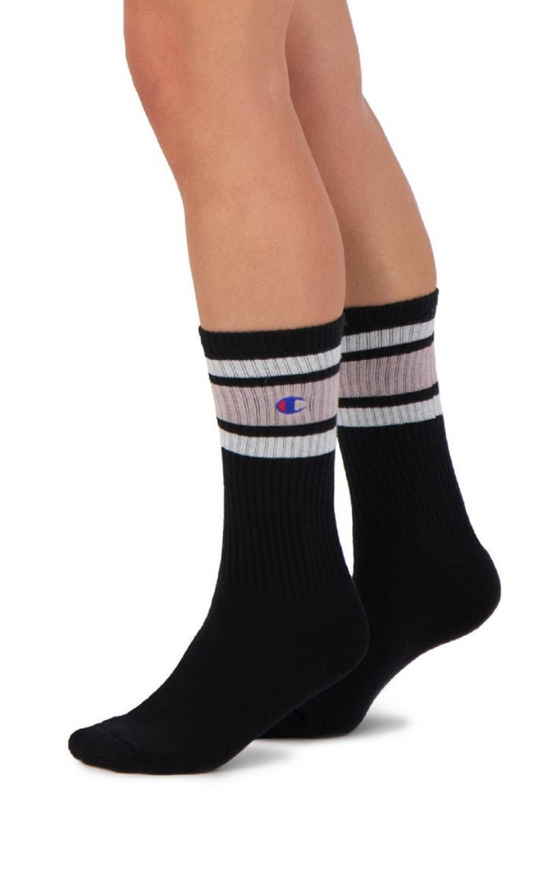 Champion Stripe Ribbet Crew Socks Sokker Dame Svarte Rosa | 2765-IYXKV