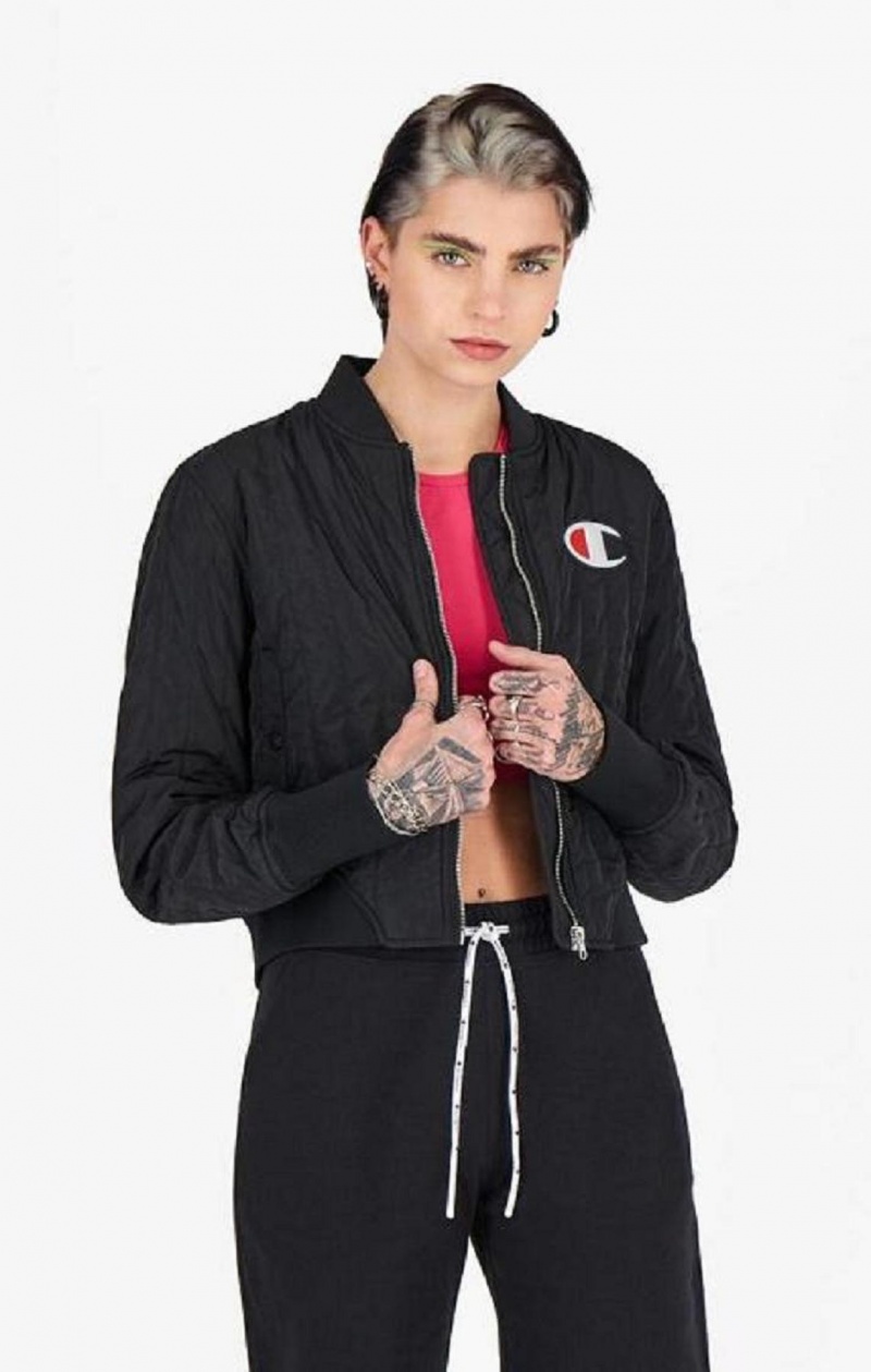 Champion Textured Cropped Bomber Jacket Jakker Dame Svarte | 5418-WYPQV