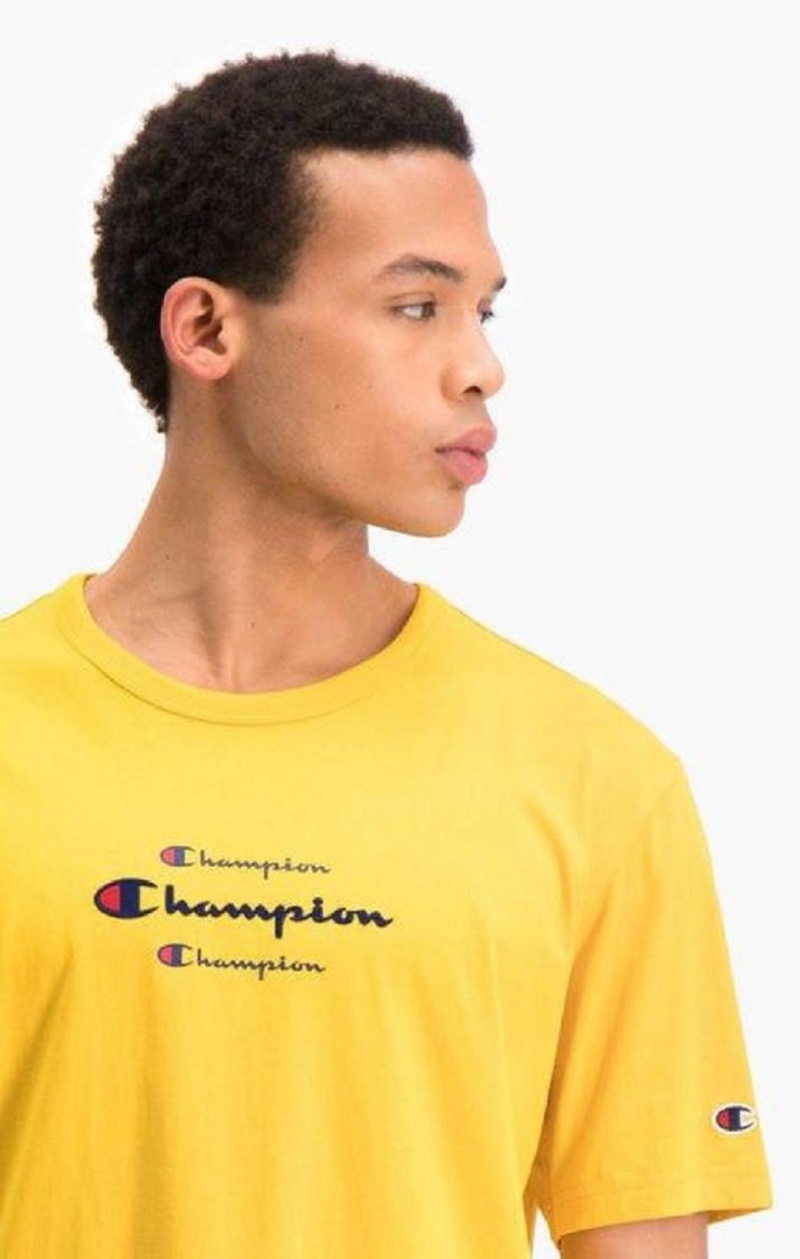 Champion Triple Script Logo T-Shirt T-skjorte Herre Gull | 9856-HUQYS