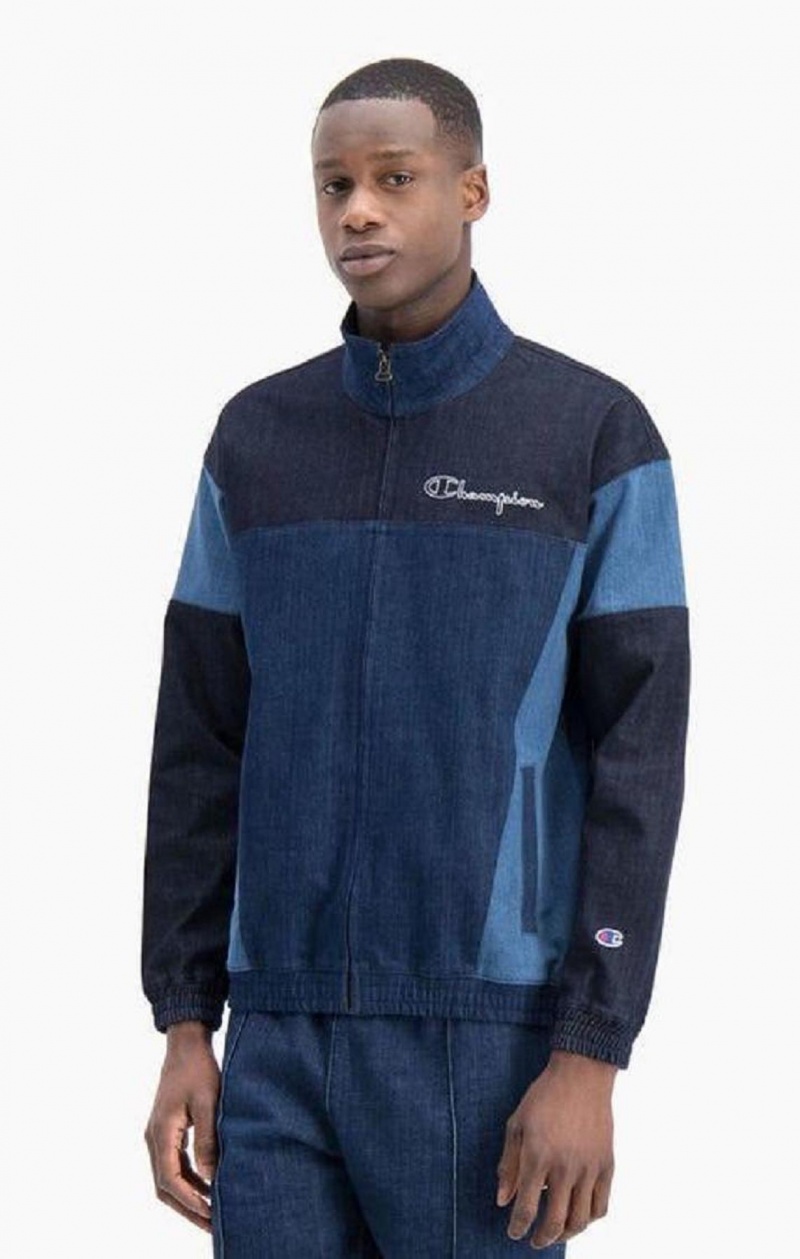 Champion Zip-Up Denim Patchwork Sweatshirt Gensere Herre Turkis Blå | 0581-PDHBR