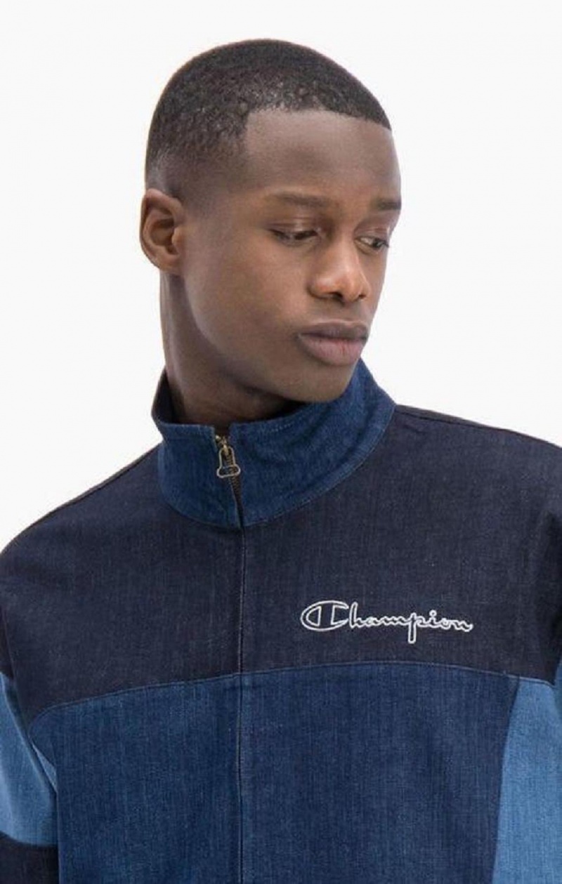 Champion Zip-Up Denim Patchwork Sweatshirt Gensere Herre Turkis Blå | 0581-PDHBR