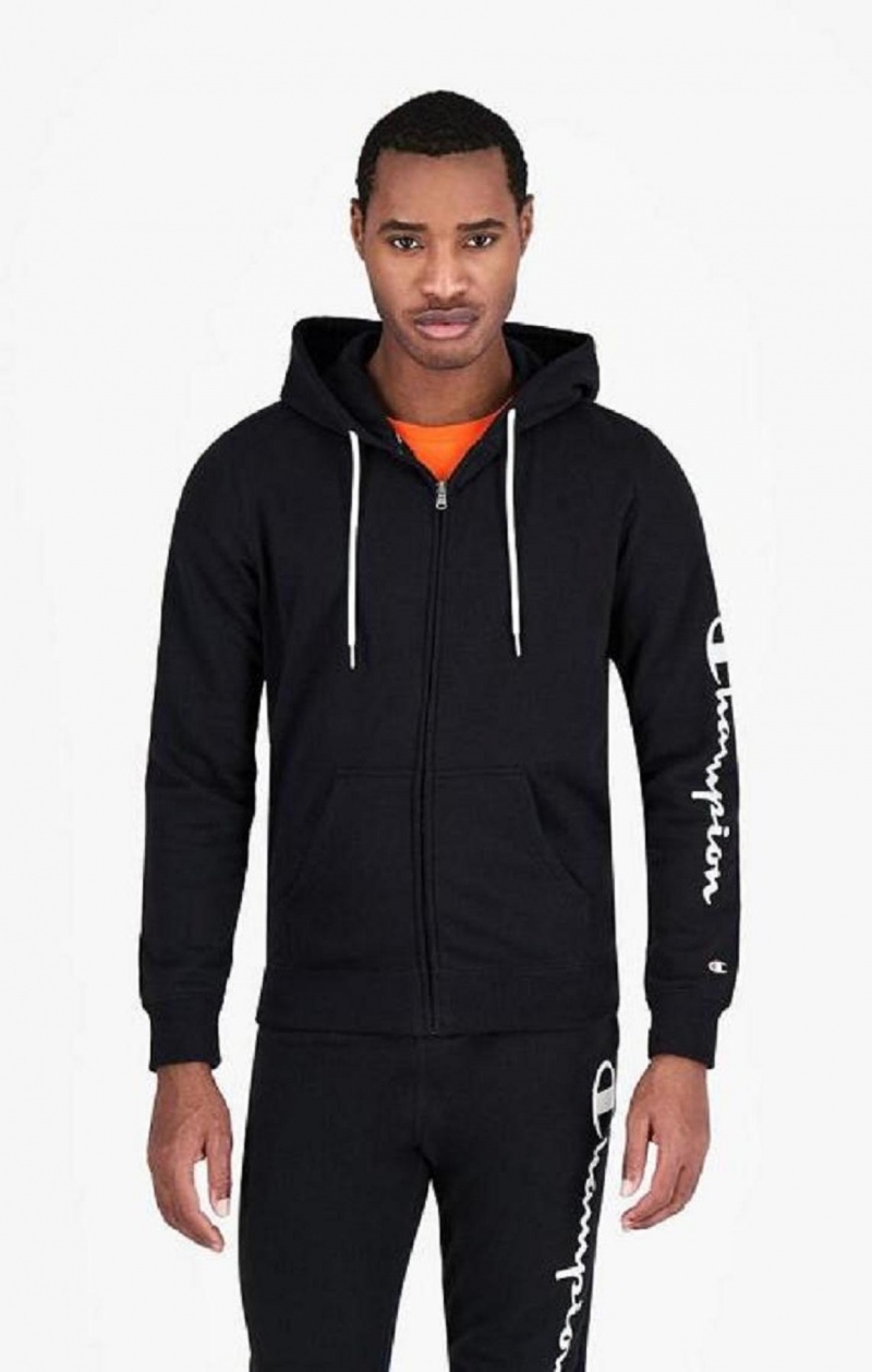 Champion Zip-Up Mesh Effect Script Logo Hoodie Hettegenser Herre Svarte | 6718-AOPLE