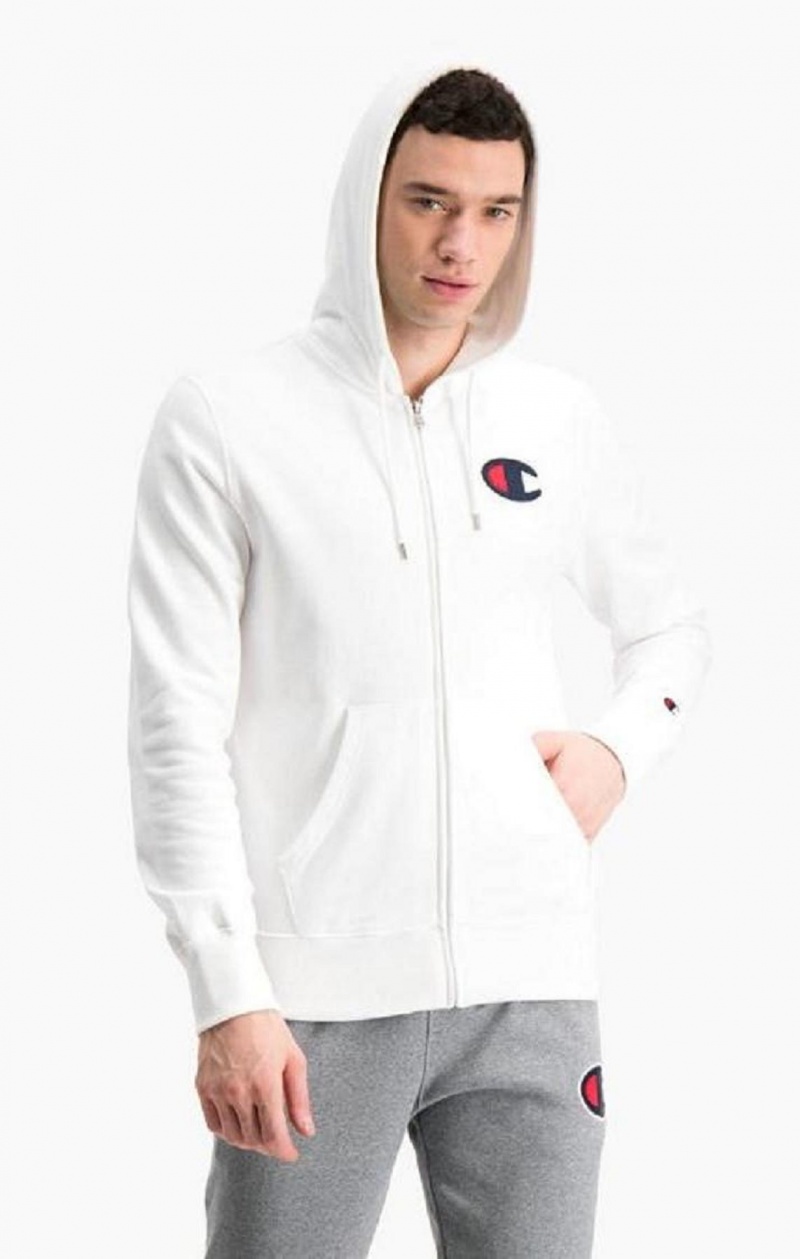 Champion Zip-Up Satin C Logo Hoodie Hettegenser Herre Hvite | 8619-XUCHR