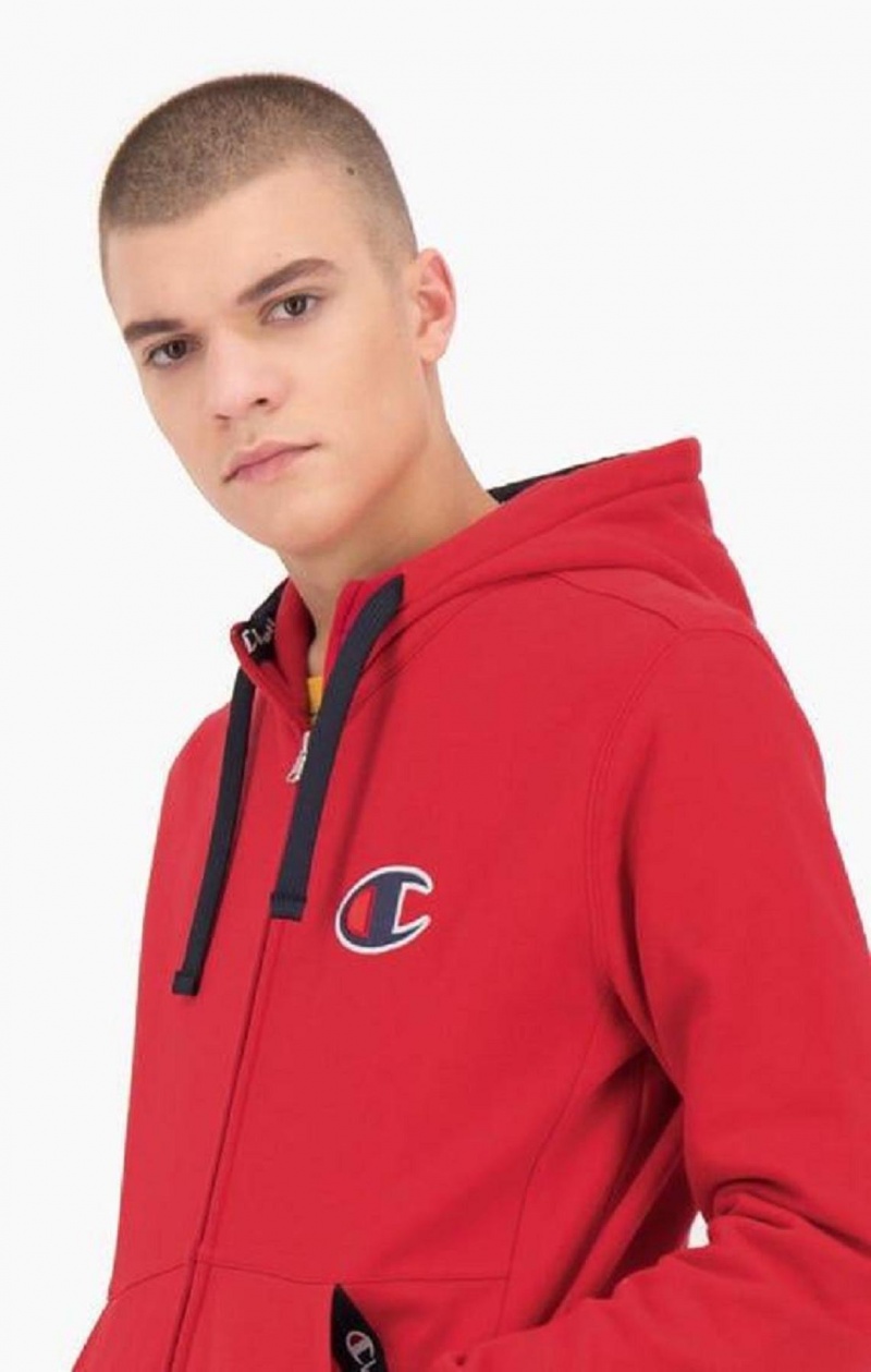 Champion Zip-Up Semsket Skinn C Bomull Terry Hoodie Hettegenser Herre Rød | 2804-BKMLR