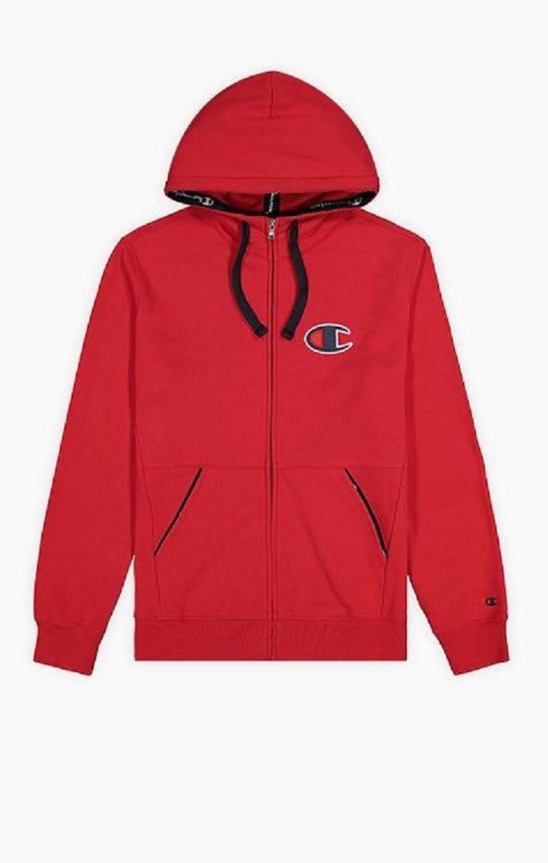 Champion Zip-Up Semsket Skinn C Bomull Terry Hoodie Hettegenser Herre Rød | 2804-BKMLR