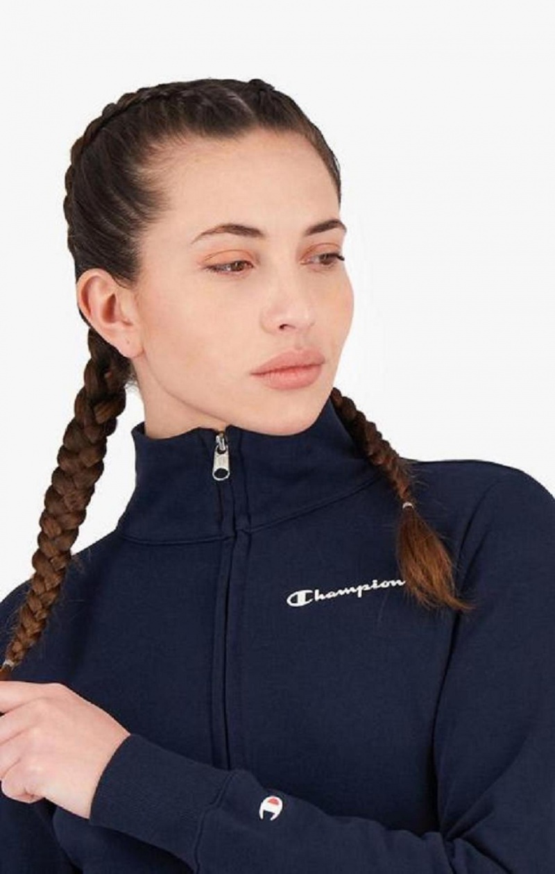 Champion Zip-Up Small Script Logo Sweatshirt Gensere Dame Mørke Blå | 4916-VCUFE